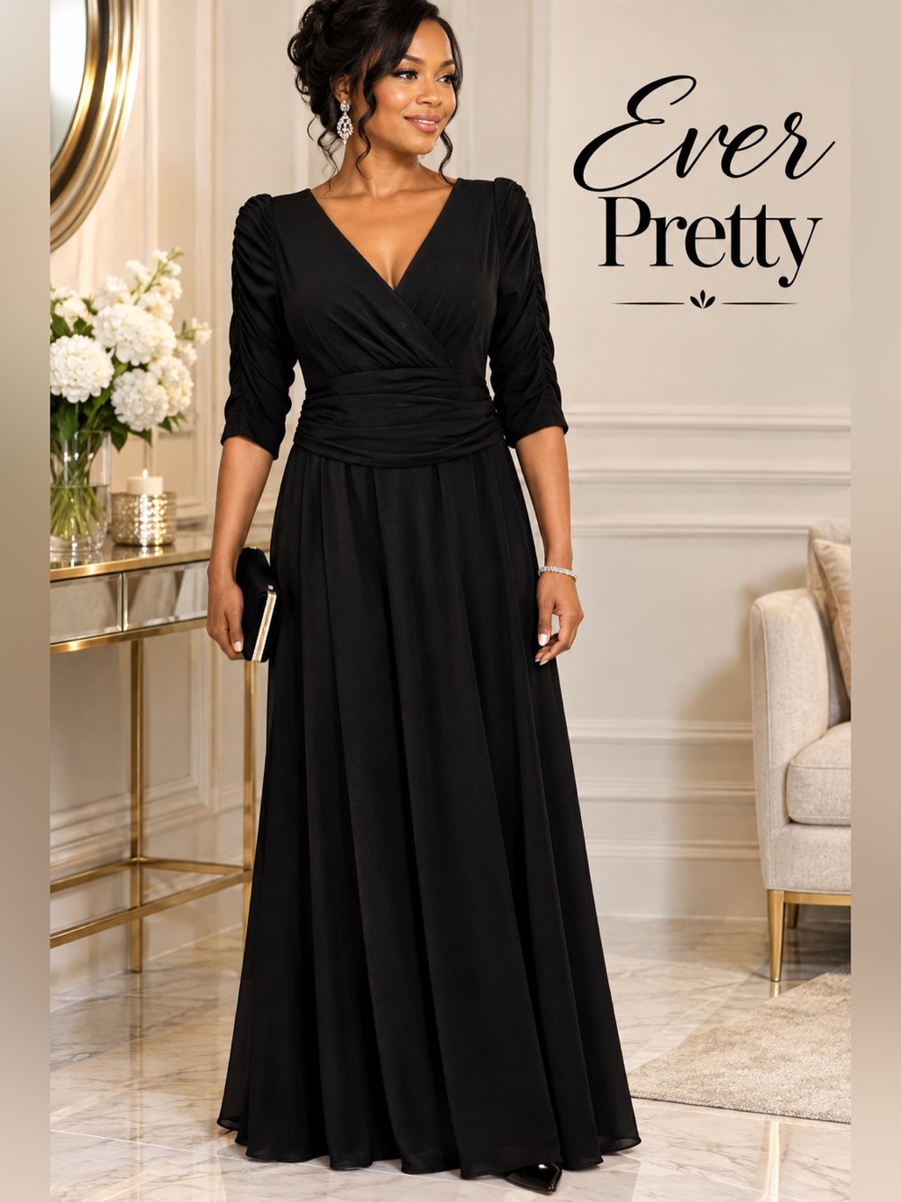 Ever Pretty | Black V-Neck Wrap Evening Dress